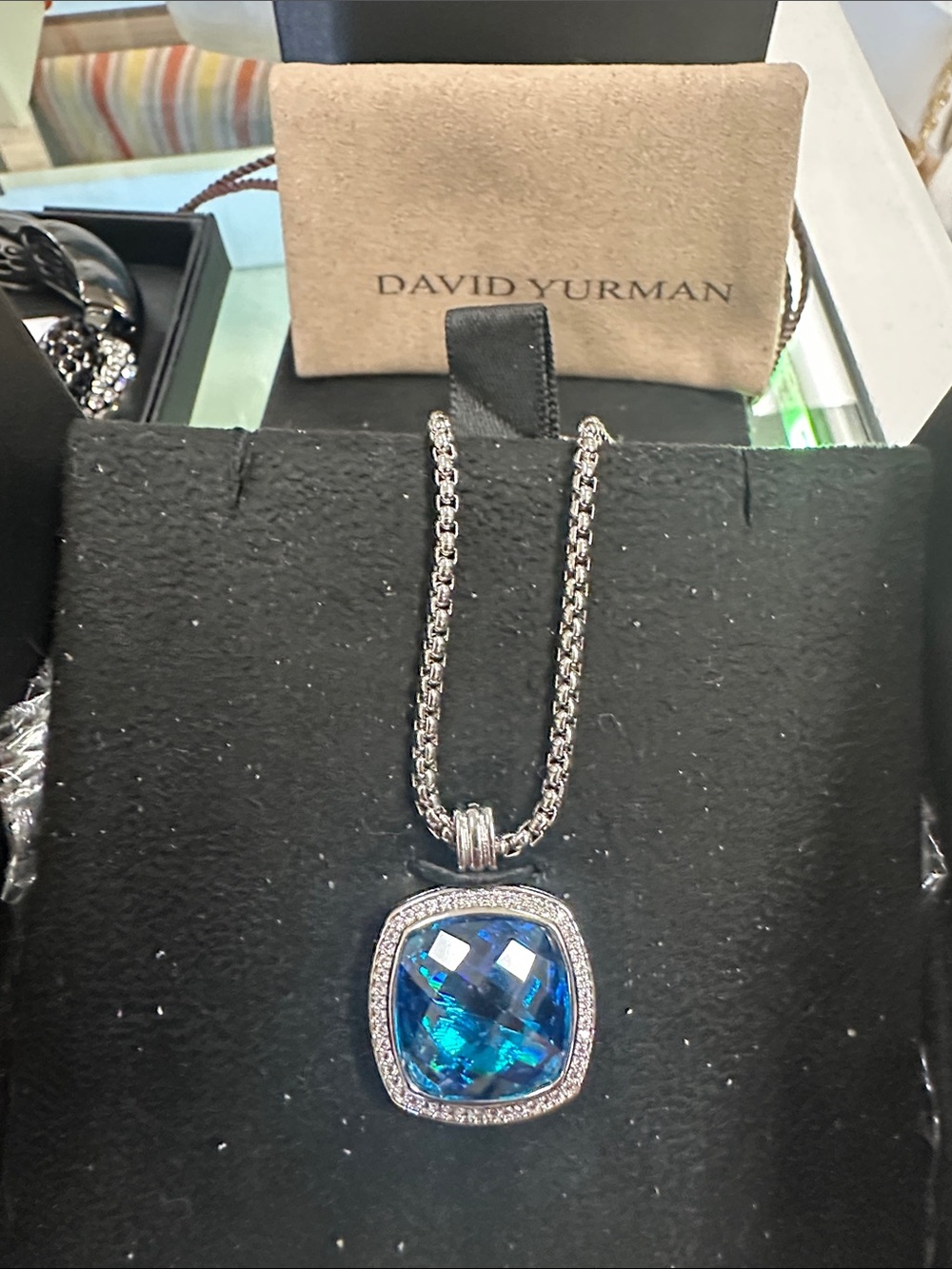 David Yurman Sterling Silver Blue Topaz & Diamond Halo Pendant Necklace